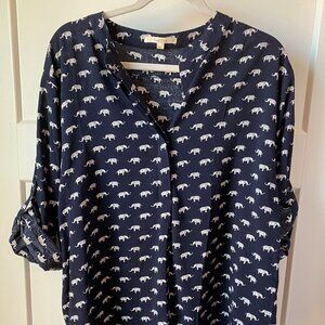 Navy & White Elephant Print Half-Button Blouse - Long Sleeved - Interior Tie ups